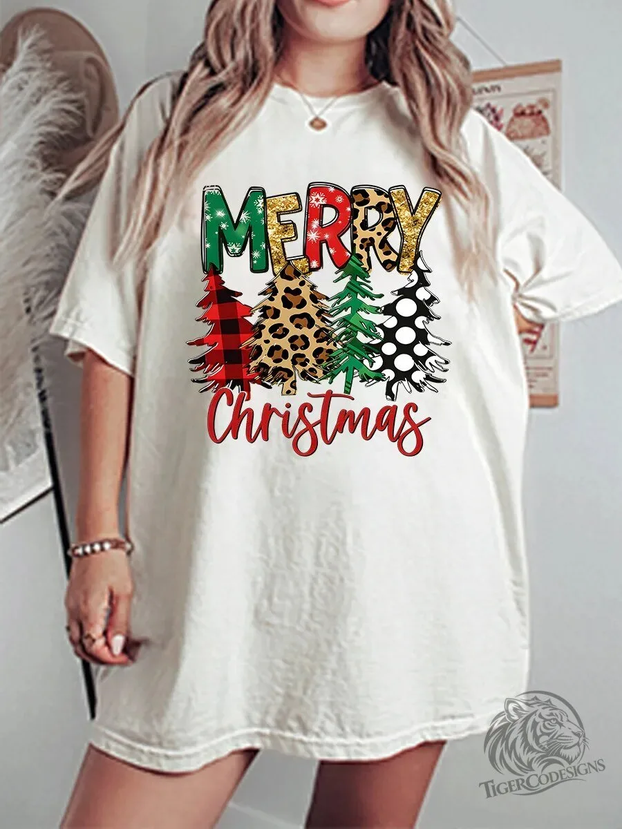 Merry Christmas Trees Leopard Plaid Polka Dot Holiday T-Shirt