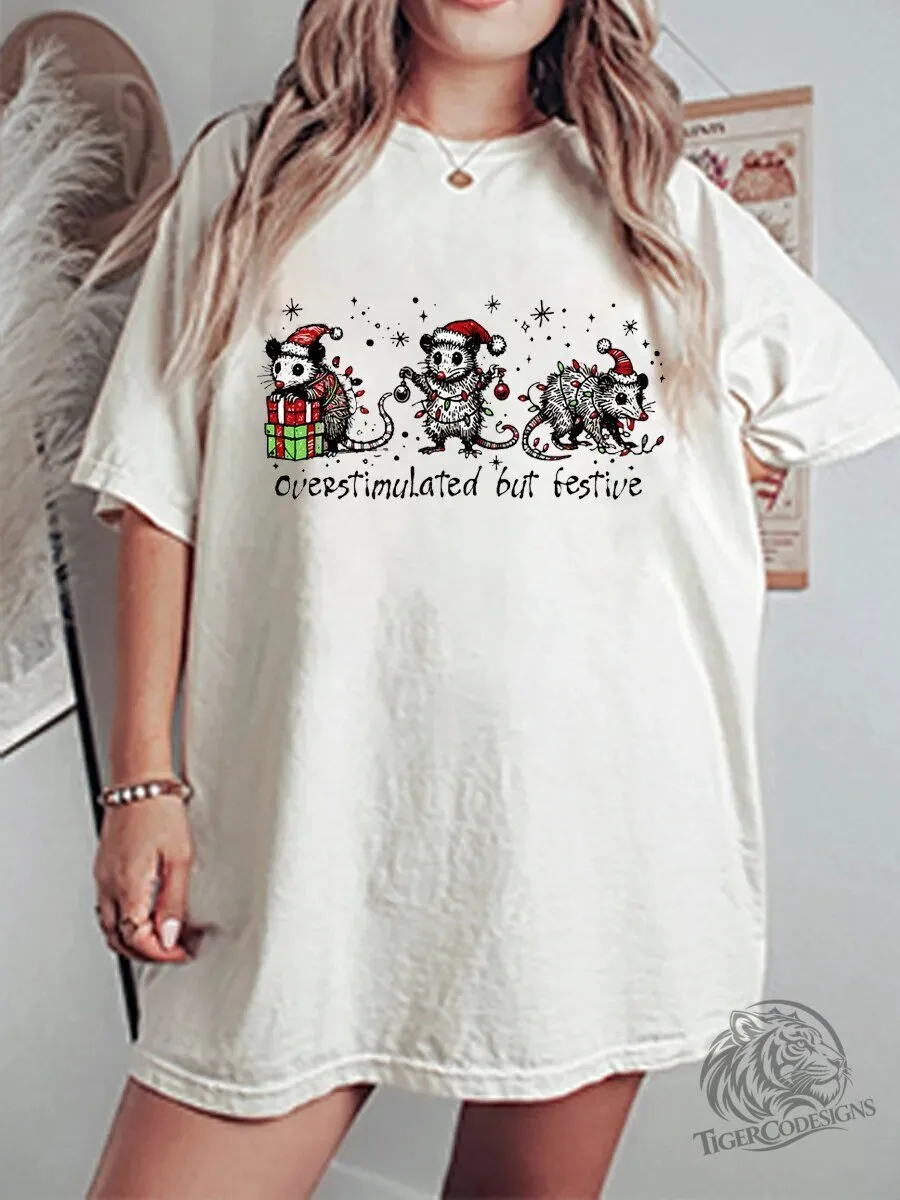 Festive Opossum Christmas Graphic Tee - Overstimulated Holiday Design