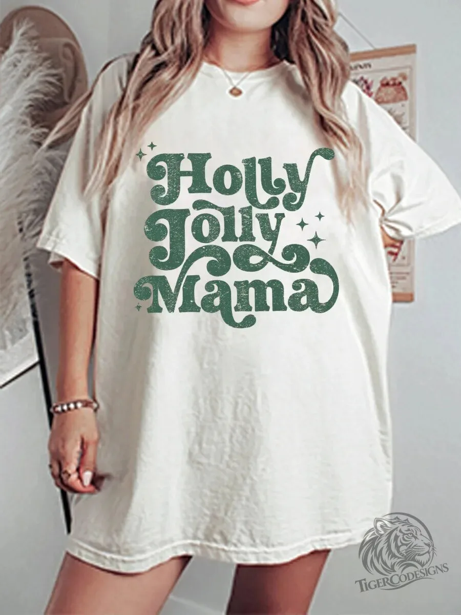Holly Jolly Mama Vintage Christmas Oversized Graphic T-Shirt
